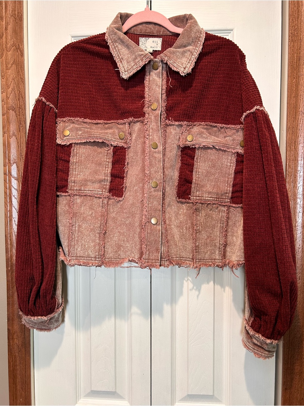 Oli & Hali Two-Tone Corduroy Patchwork Jacket in Burgundy & Dusty Rose